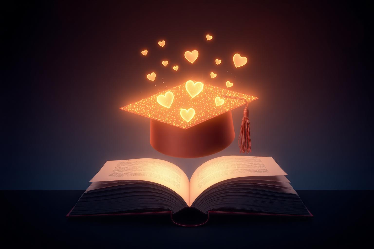 LOVE U — graduation cap z žarečimi srci nad odprto knjigo
